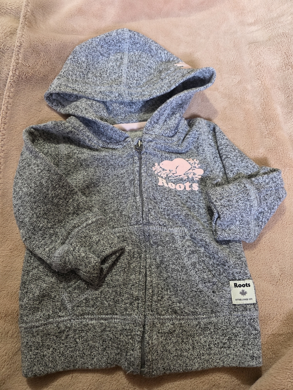 Roots Kids Grey Heather Zip Hoodie with Pink Logo